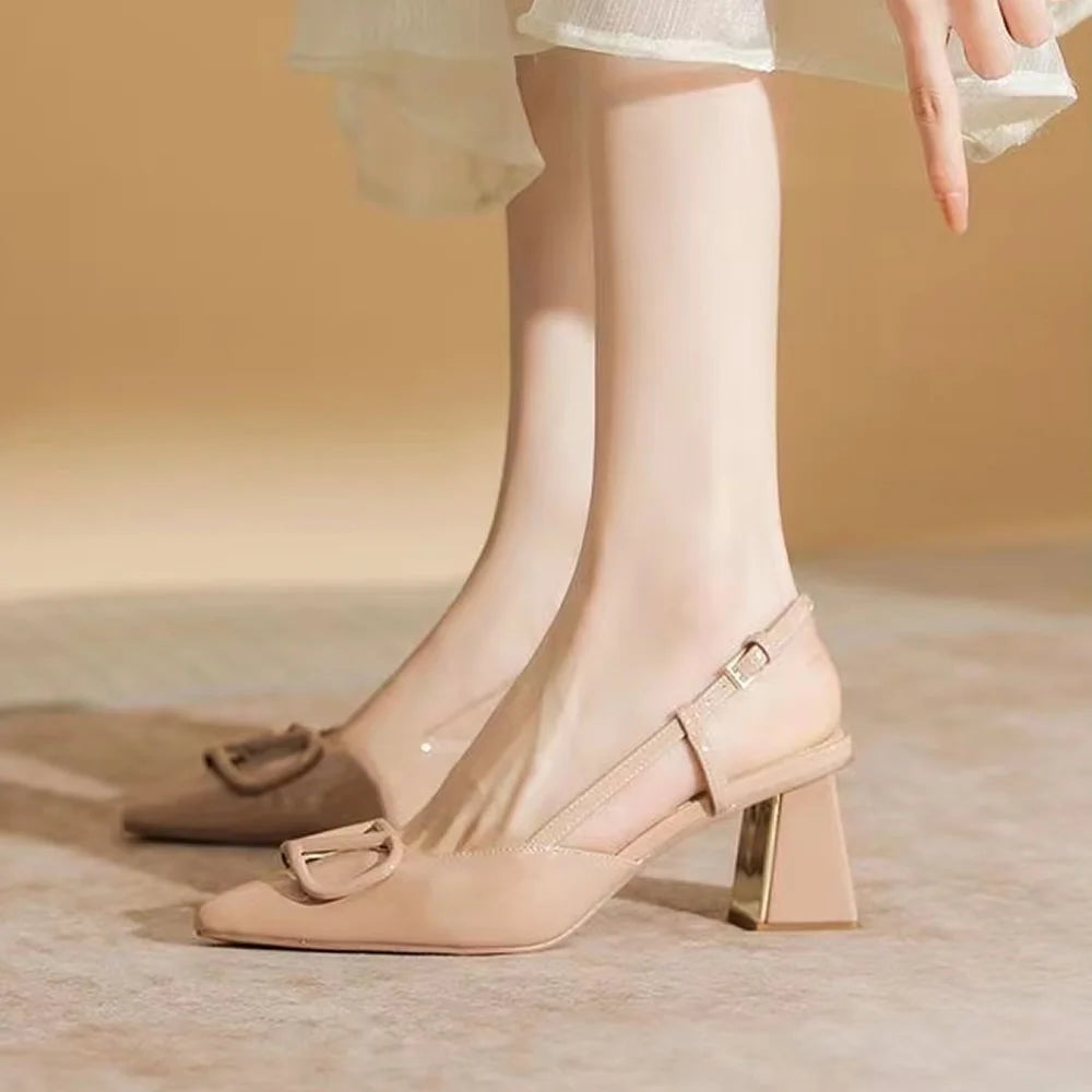 Fashion Solid Thin Heels Sandals for Women New Hot Sale Summer Casual Med Heel Ladies Shoes One-line Buckle Women's Sandals