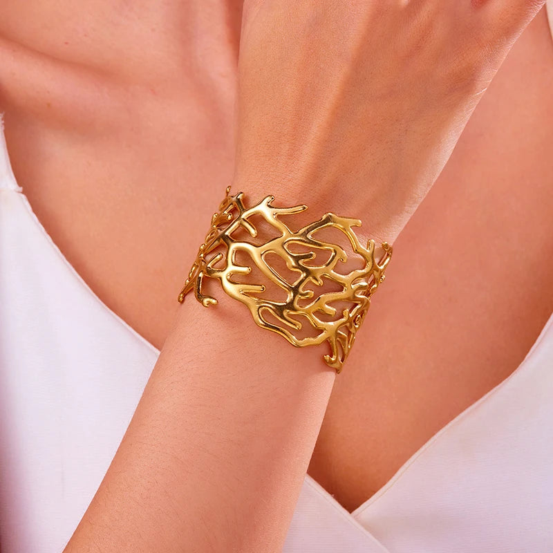 Trendy Stainless Steel Tree Branch Geometric Wide Open Bracelet Bangle Women Gold Silver Color Big Personality Punk Cuff Jewelry