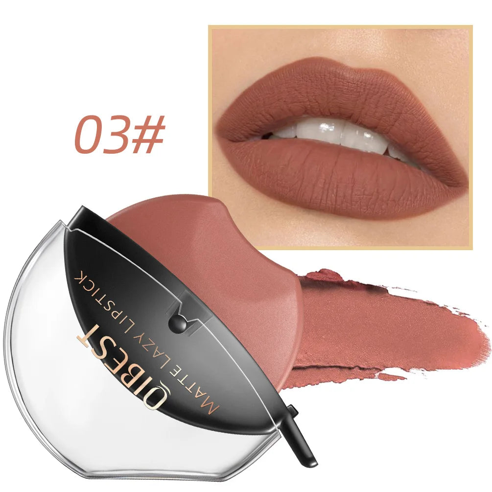 QIBEST Lip-shaped Lipstick Makeup Lazy Lipstick Velvet Matte Moisturizing Lip Gloss Waterproof Non-stick Cup Long Lasting Makeup