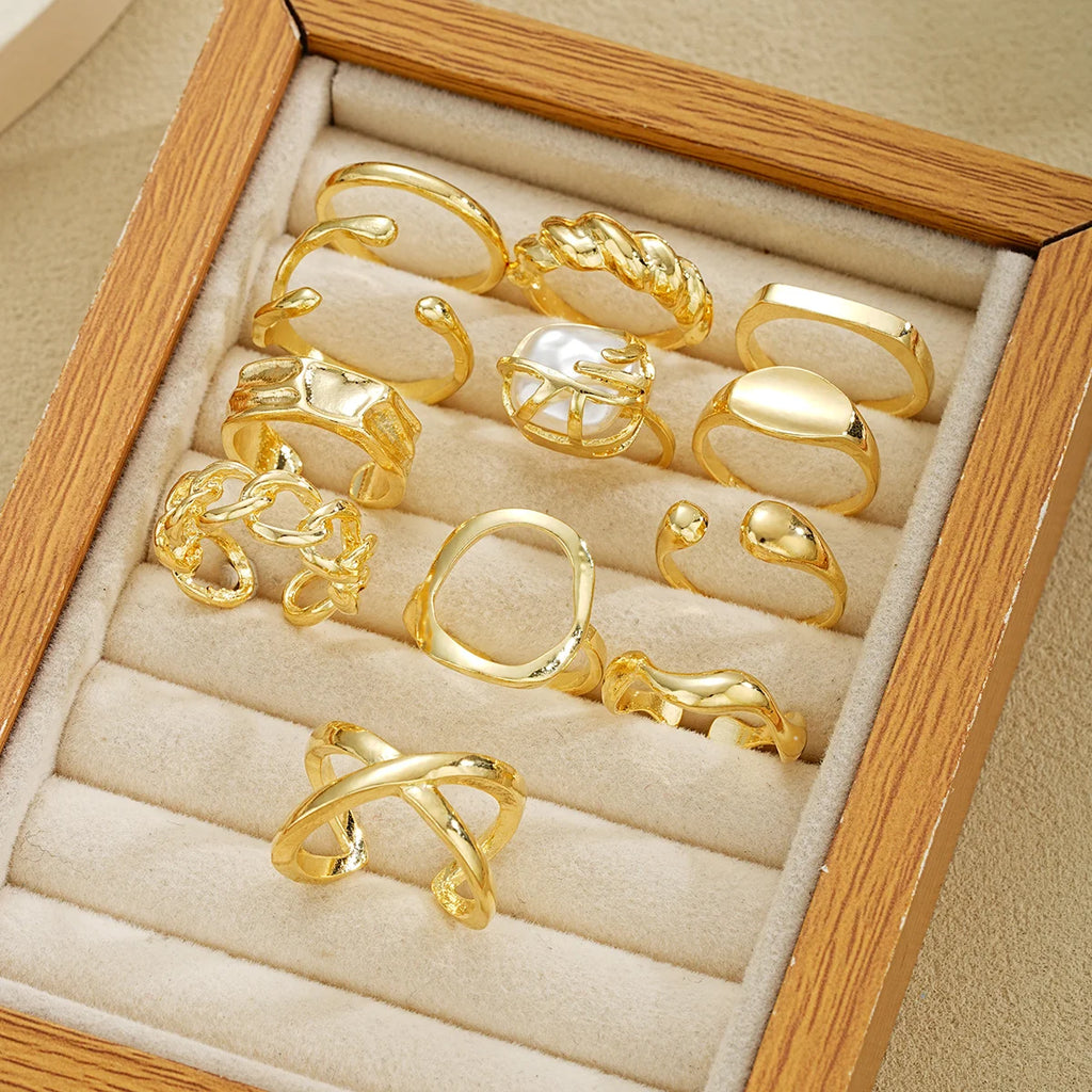 12 Pcs/Set Fashion Gold Color Irregular Geometric Open Rings For Women Men Punk Metal Adjustable Knuckle Joint Ring Jewelry Gift