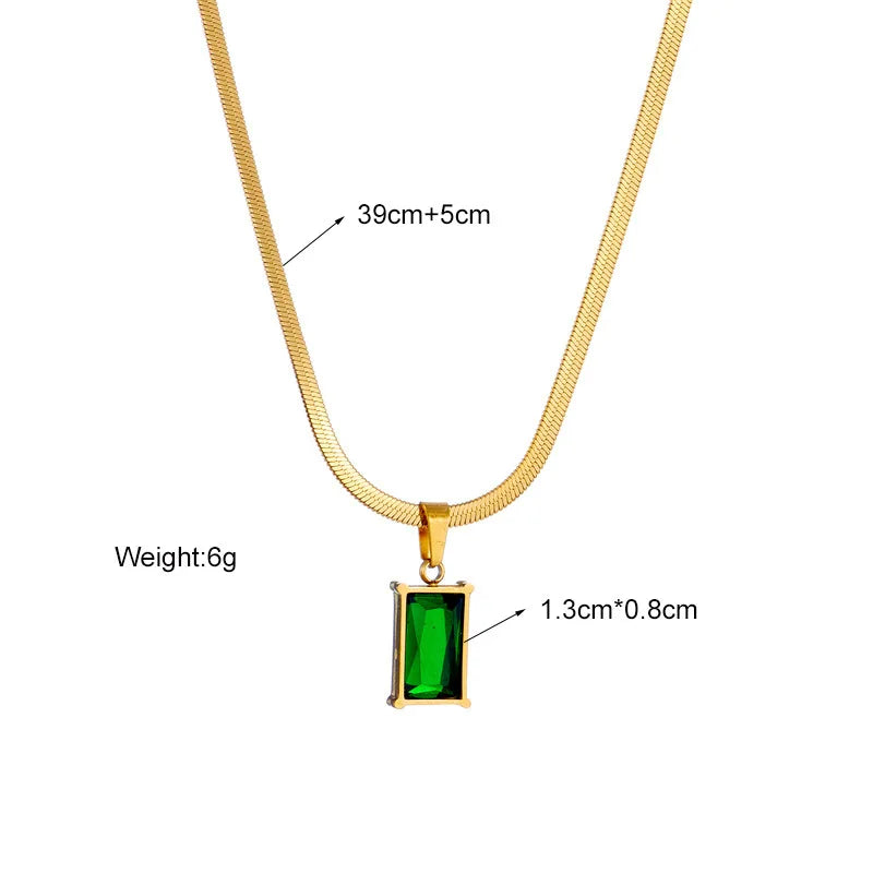 AKOL 316L Stainless Steel Rectangle Green Crystal Zircon Pendant Necklace Earrings For Women Fashion Party Jewelry Set