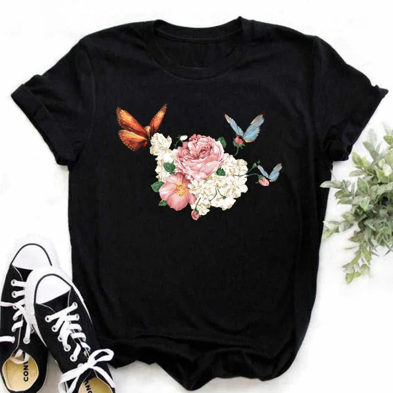 Female Short Sleeve Tshirt Harajuku Tee Shirts Girls T-shirts Fashion Red Poppy Women T Shirt Funny Black Printed Tops Tee