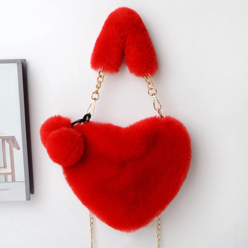 Trendy Ladies Plush Love Heart Shaped New Fashionable Solid Color Soft Comfortable Purses Popular Women Hand Bags