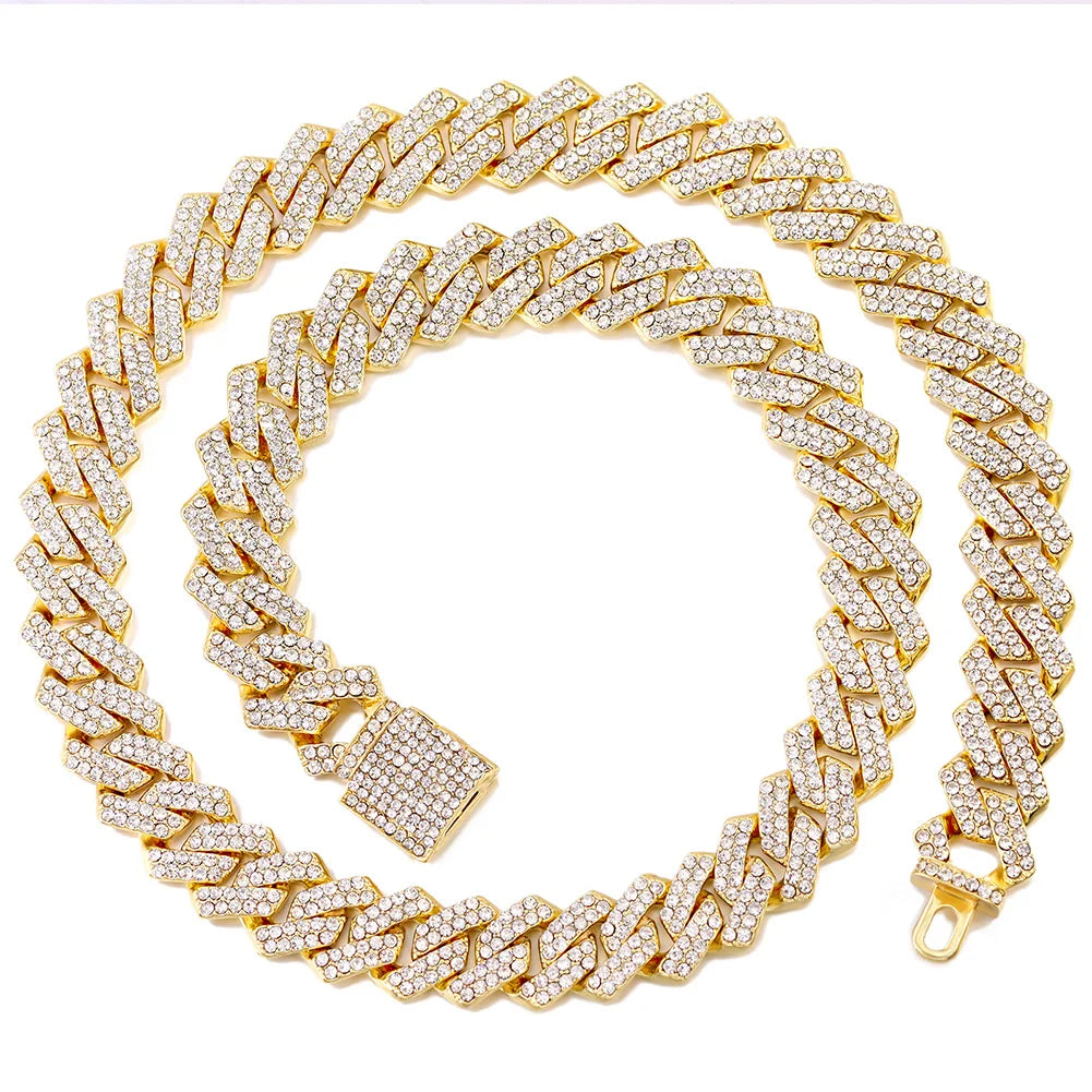 Iced Out Diamond Cuban Link Chain Necklace Men Women Rhinestone Paved Hip Hop Rhombus Cuban Necklaces Tennis Chain Jewelry Gift