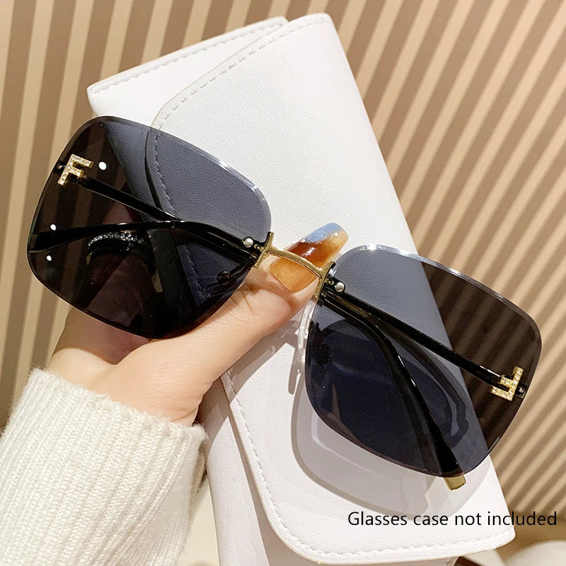 Diamond-in Sunglasses Letter F Frameless Edged Sunglasses Metal Square Large Frame Trendy Glasses Women 90267