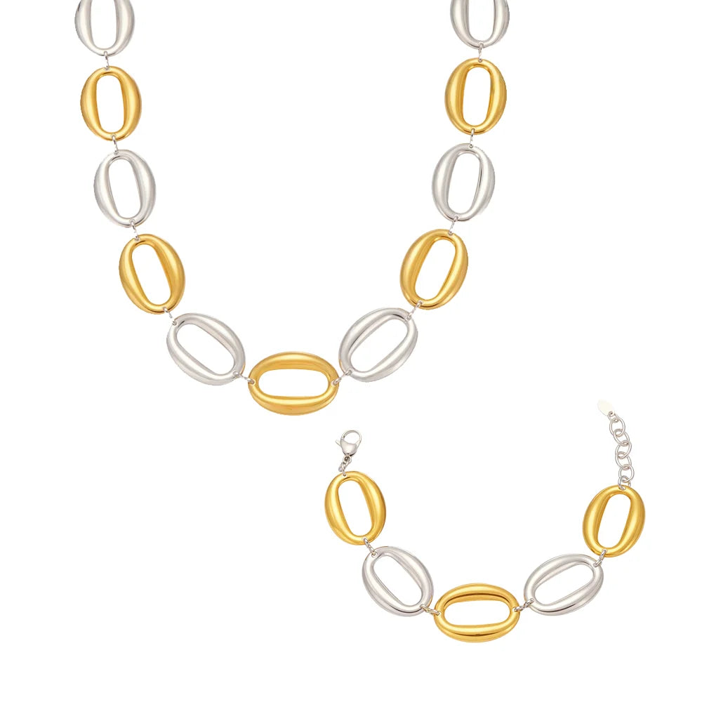 Stainless Steel Gold-Plated Oval Chain Necklace Bracelet Women's Punk Gold Color Silver Luxury Choker Waterproof Jewelry Set