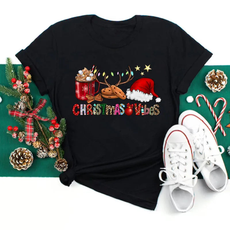 Funny Love Merry Christmas women's Clothes Santa Print Female T-shirts Black red white Casual Women Tops Xmas Party women's Tops