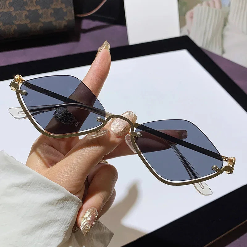 Metal Women Simple Trend Sunglasses Men 2025 New Half Frame Diamond Shaped Sunglasses Dopamine Small Frame Outdoor Sunglasses