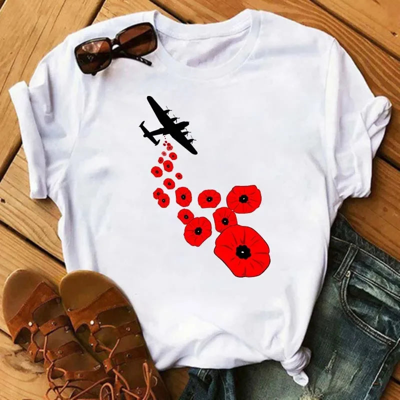 Female Short Sleeve Tshirt Harajuku Tee Shirts Girls T-shirts Fashion Red Poppy Women T Shirt Funny Black Printed Tops Tee