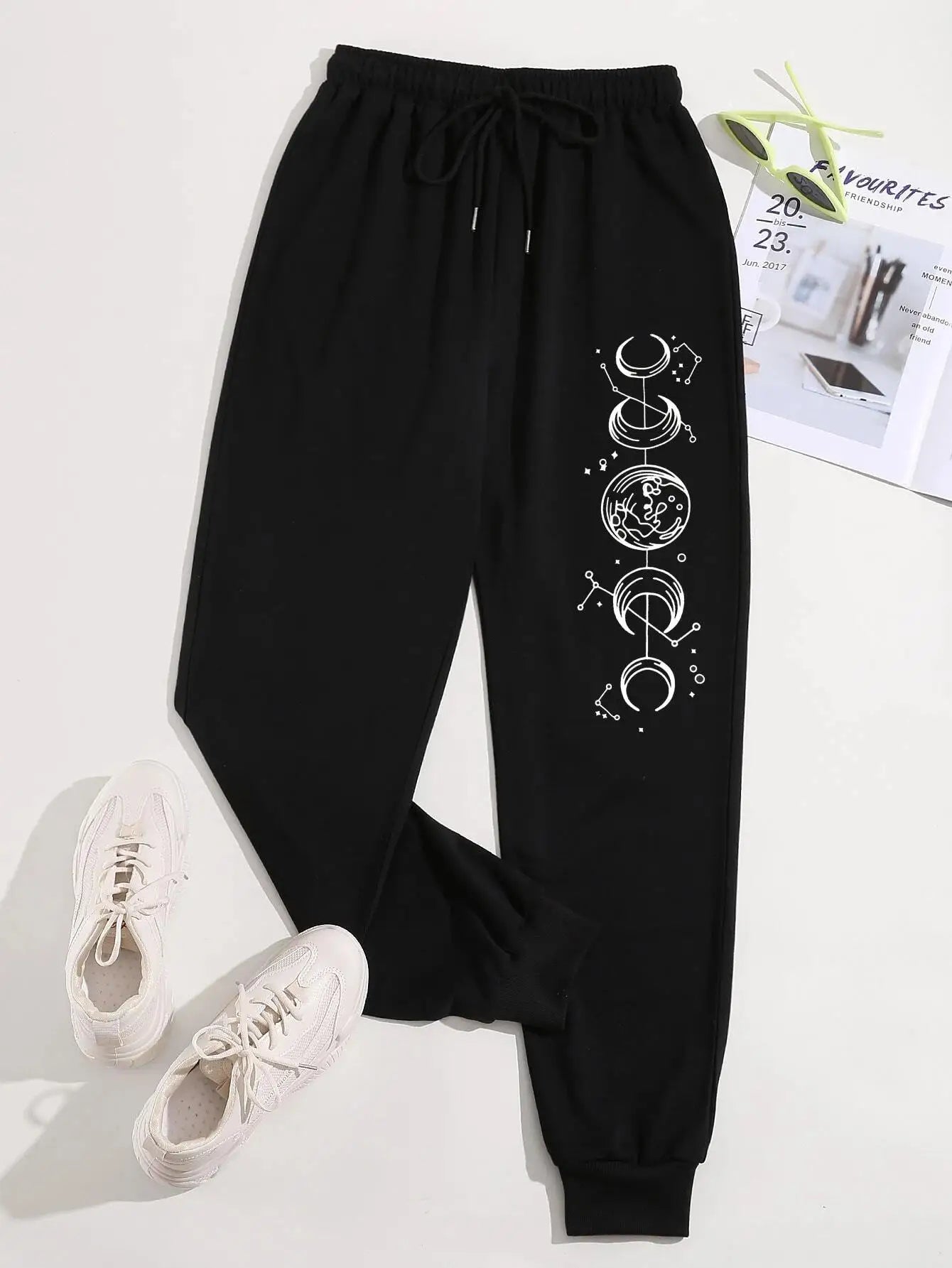 Connected Crescents Print Casual Versatile Women Pants Fashion Trendy Hip Hop Trousers With Drawstring Pockets Sweatpants Female