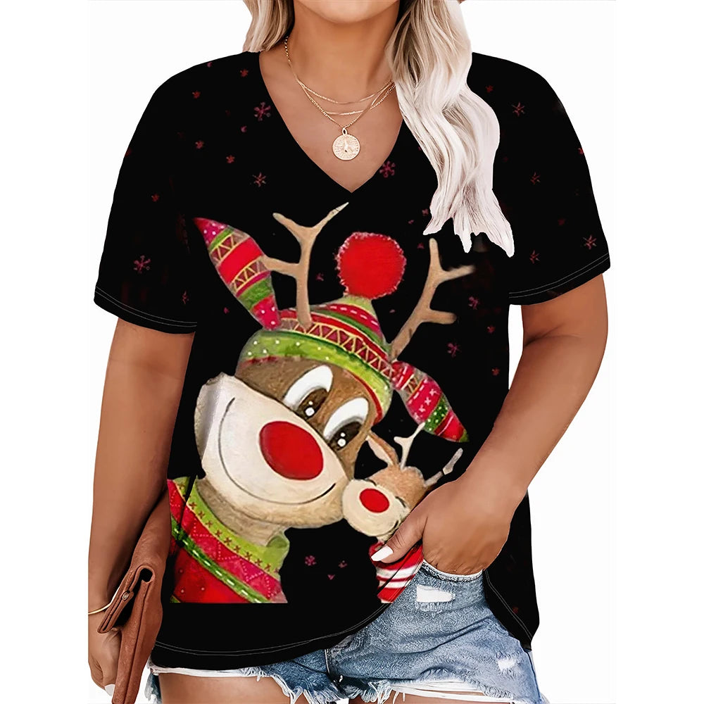 Christmas womens cartoon Santa Claus printed tops Christmas T-shirt short sleeved V-neck casual party outfit oversized women top