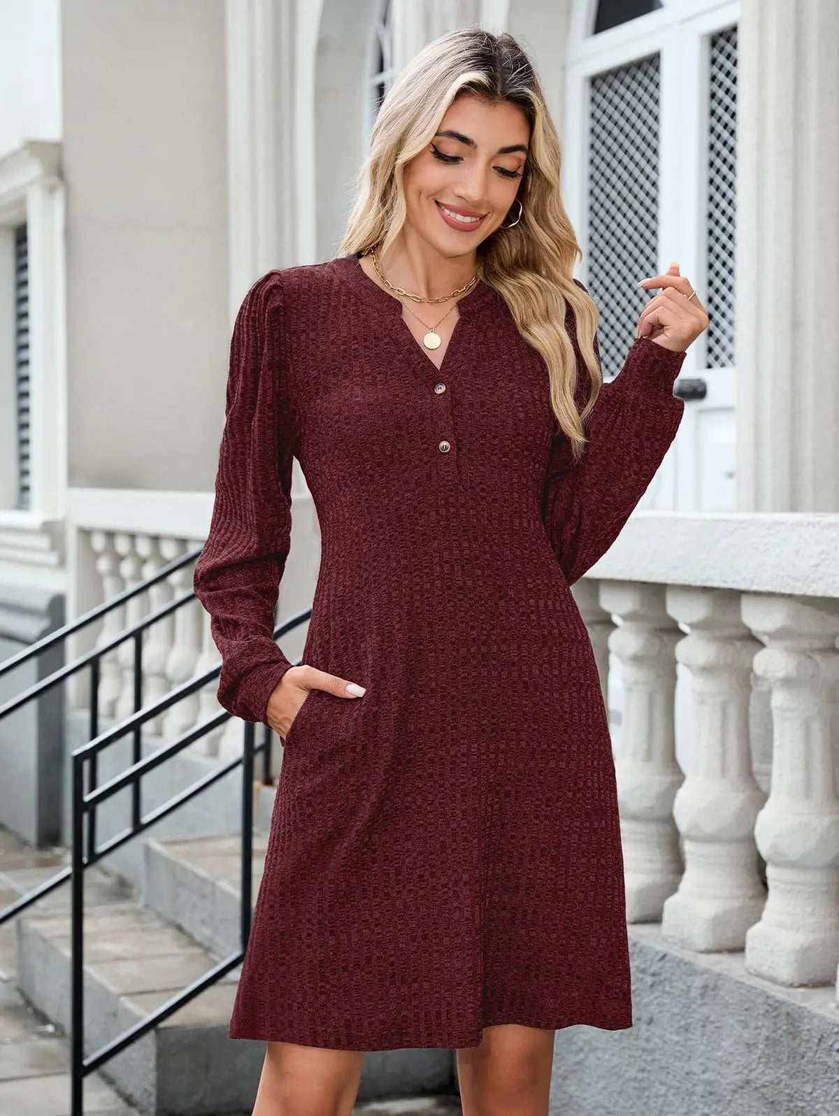 ZAFUL Womens Long Sleeve Fall Dresses with Pockets V Neck Button Casual Bodydoll Knit Sweater Dress 2025