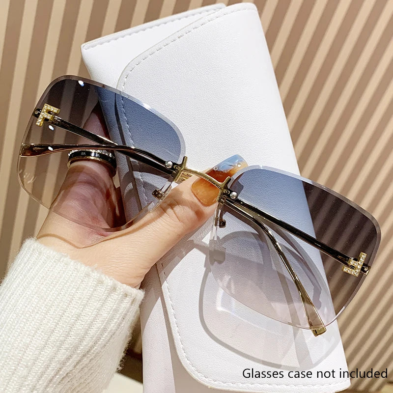Diamond-in Sunglasses Letter F Frameless Edged Sunglasses Metal Square Large Frame Trendy Glasses Women 90267
