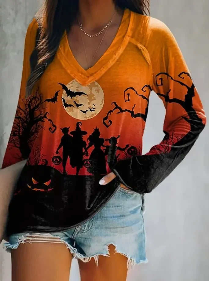 2025 Halloween Women's T-Shirts Graphic Witch Elegant Vintage Tees Long Sleeve T-shirts V-Neck Regular Tops Casual Pullover