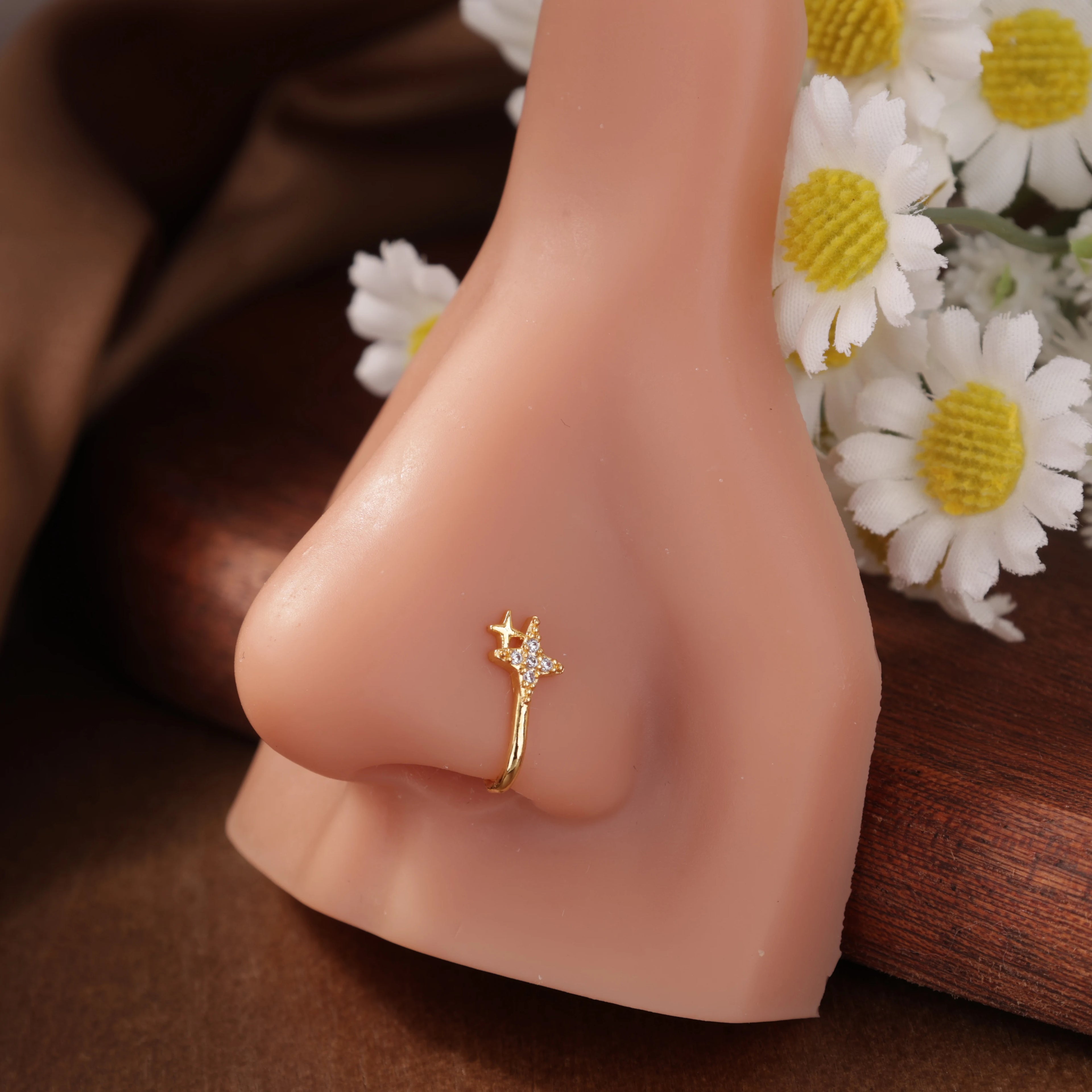 6PCS Fake Nose Ring CZ African Nose Cuffs Gold Fake Nose Piercing Faux Septum Nose Rings Clip On Nose Jewelry For Women