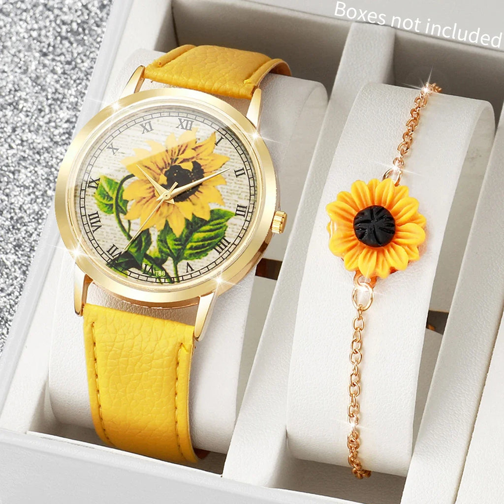 2/6PCS Fashion Flower Dial Women Watches Leather Strap Quartz Watch Daisy Jewelry Set Reloj Mujer (Without Box)