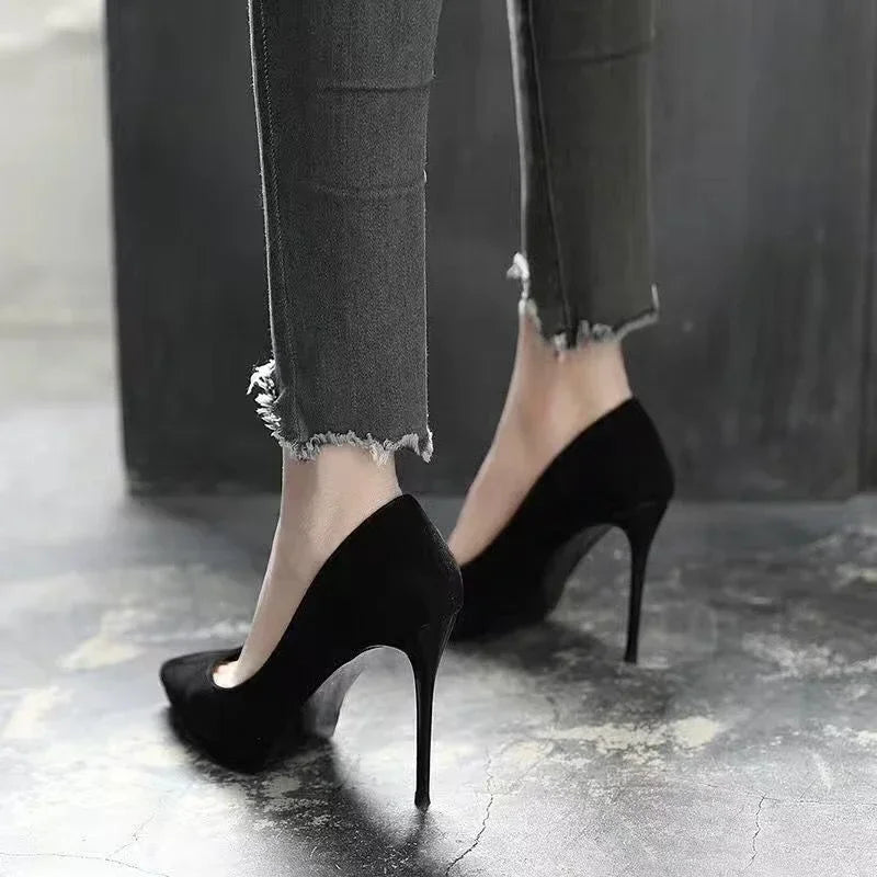 New Fashion women's shoes Sexy black high heels Sharp pointed suede pumps Elegant Shallow Mouth Shoes