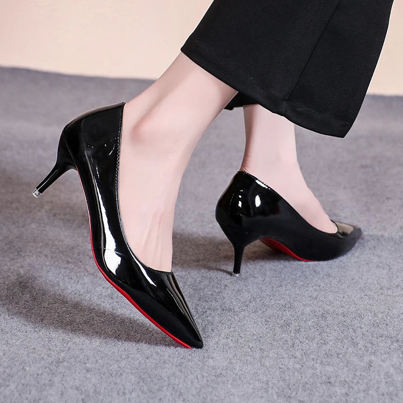 Sexy Pointed Toe Patent Leather High Heels Temperament Girl Red Sole Party Dress Stiletto Pumps Classic Black Work Single Shoes