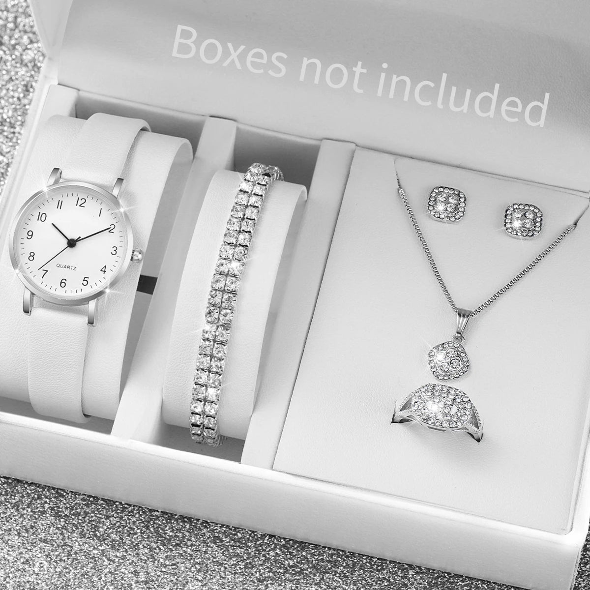 5/6PCS Fashion Women's Quartz Watch Leather Band Analog Quartz Watches with Diamond Jewelry (Without Box)