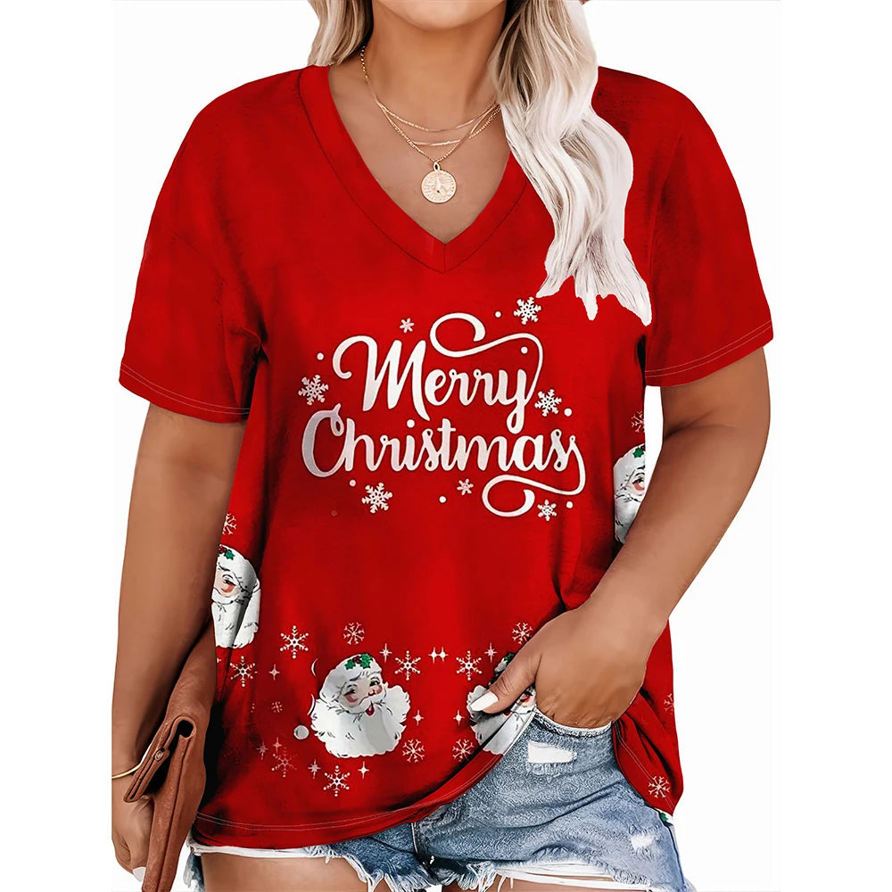 Christmas womens cartoon Santa Claus printed tops Christmas T-shirt short sleeved V-neck casual party outfit oversized women top