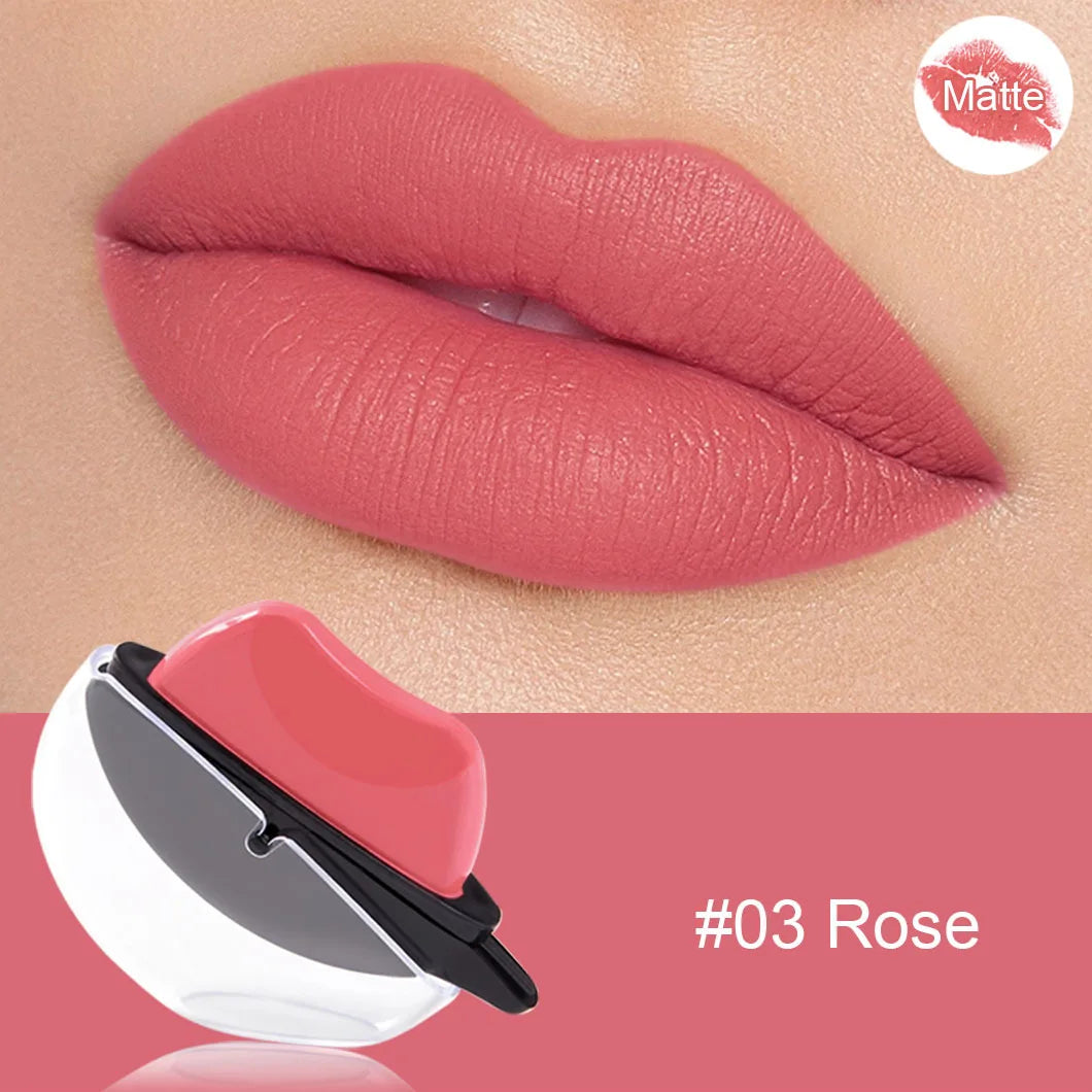 QIBEST Lip-shaped Lipstick Makeup Lazy Lipstick Velvet Matte Moisturizing Lip Gloss Waterproof Non-stick Cup Long Lasting Makeup
