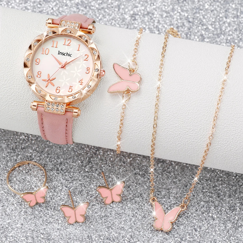 6PCS/Set Women's Watch Fashion Flowers Leather Band Analog Quartz Watches Butterfly Jewelr Set（Without Box）