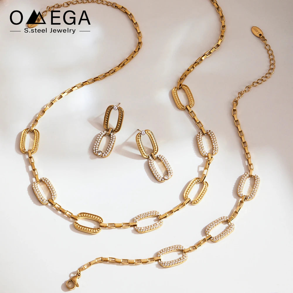 Stainless Steel Chain Necklace Bracelet Matching Earring For Women 18k Gold Plated With Zircon Necklaces Bracelets Earrings Set