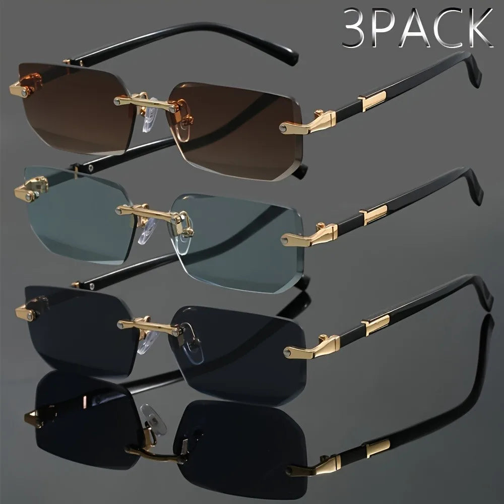 3pcs of men's frameless rectangular fashionable glasses - durable PC lenses suitable for commuting and casual wear