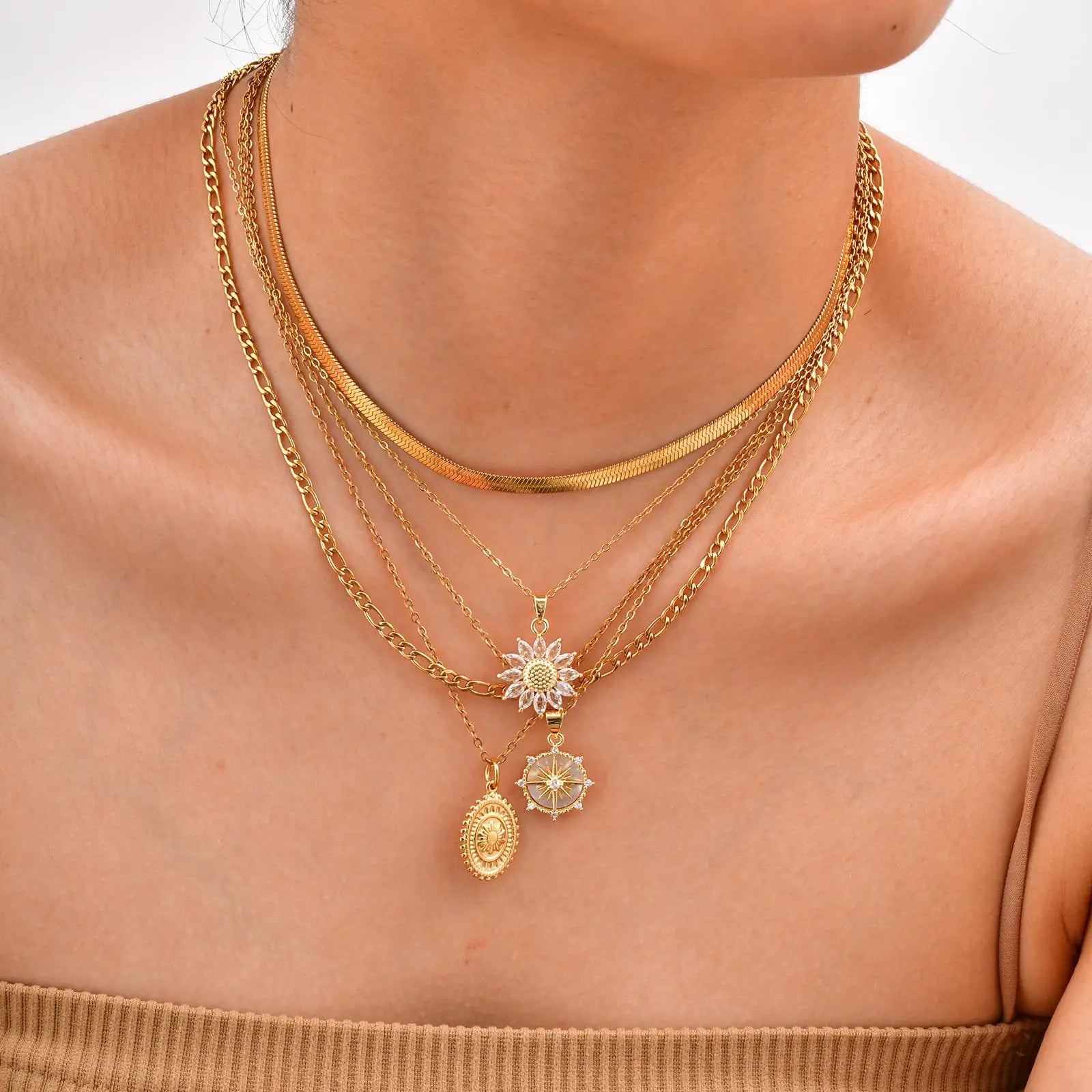 Stainless Steel Spiral Sun Flower Pendant Necklace for Women 18K Gold Plated Stackable Boho Necklace Waterproof Fashion Jewelry