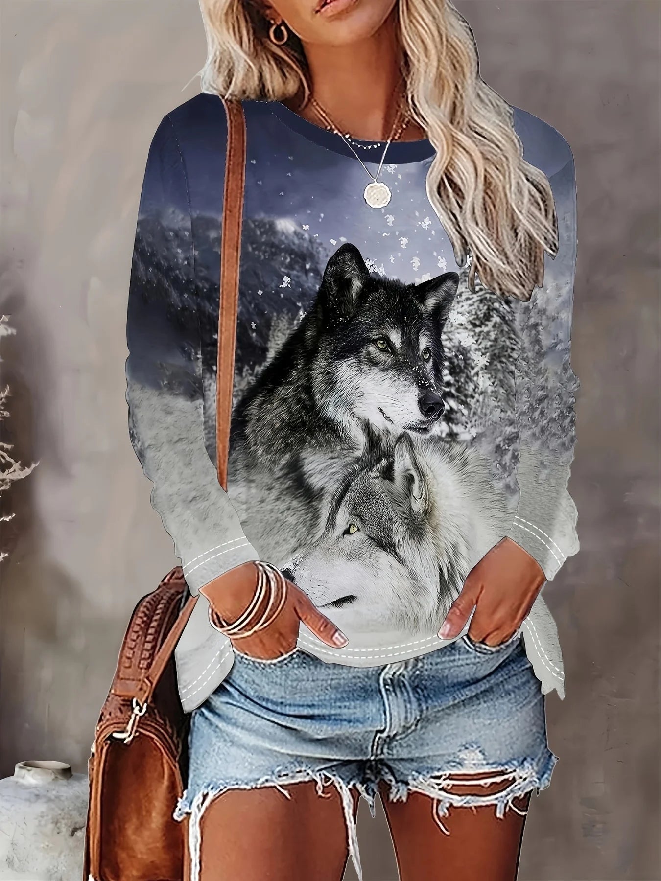 Women's 2024 sleeves stitching fox print round neck long sleeve party autumn casual pullover 3d printing casual fashion tops