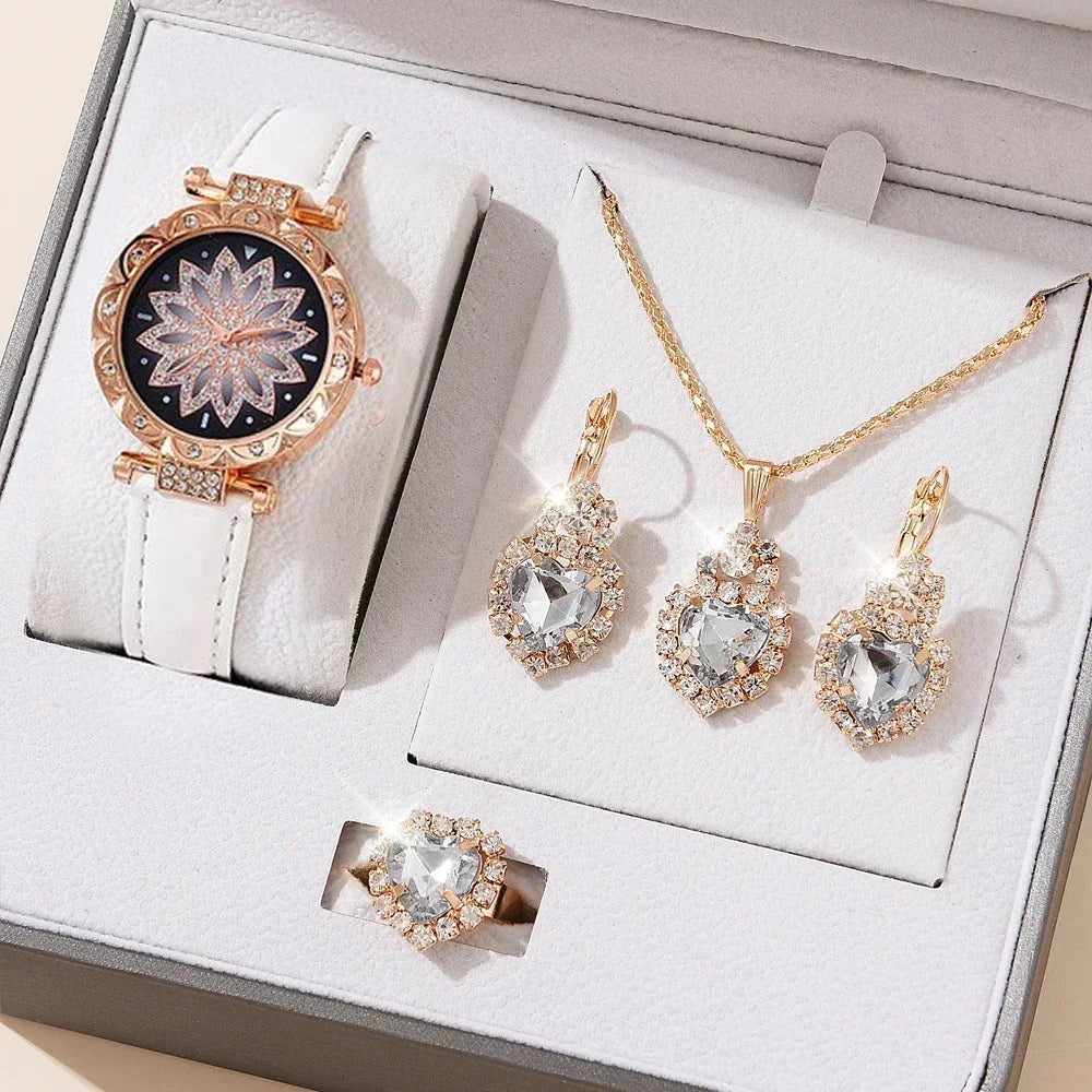 5/6PCS Set Rose Gold Luxury Watch Women Ring Necklace Earring Rhinestone Fashion Wristwatch Casual Ladies Bracelet( No Box)
