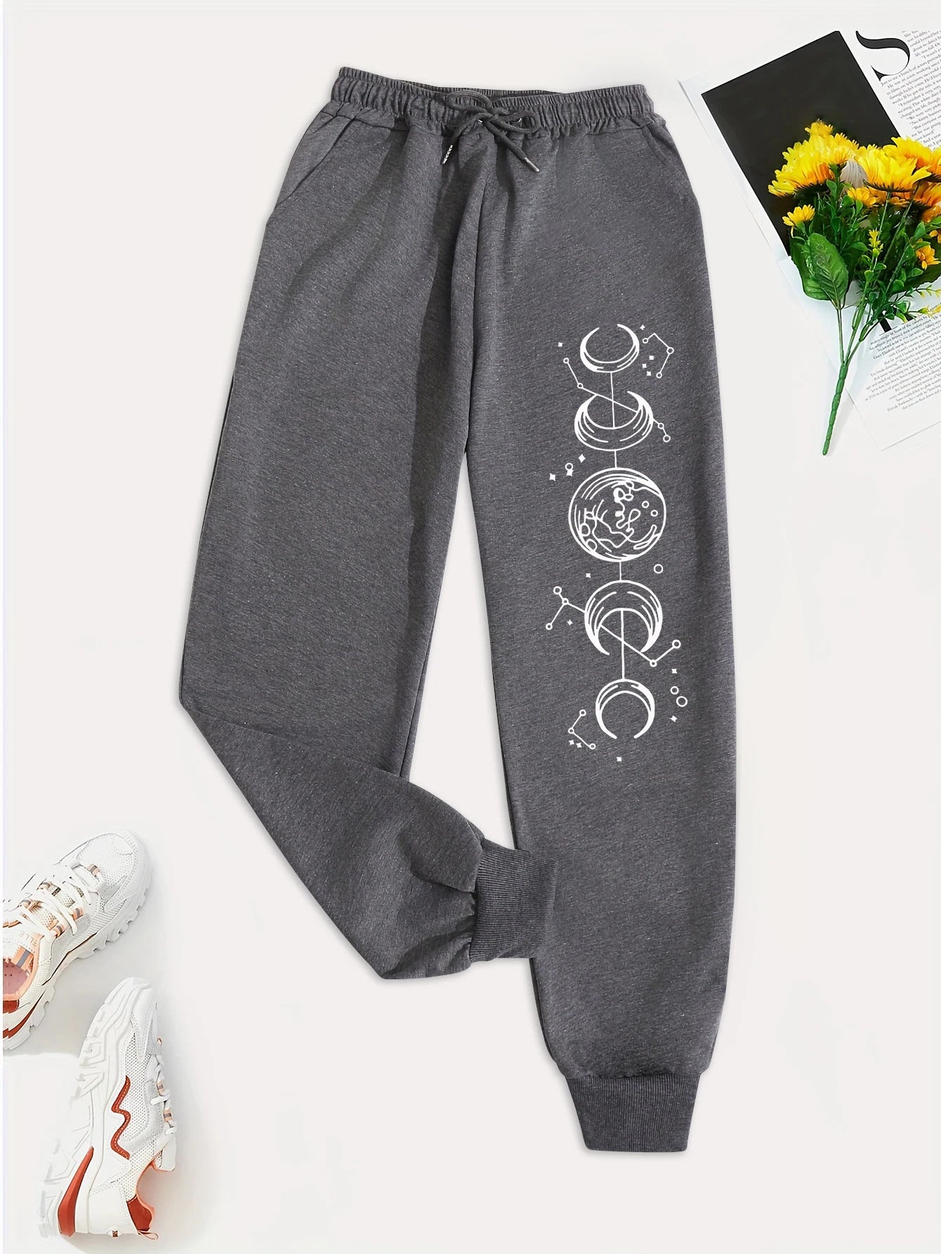 Connected Crescents Print Casual Versatile Women Pants Fashion Trendy Hip Hop Trousers With Drawstring Pockets Sweatpants Female