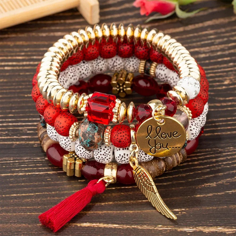 4Pcs Bohemian Beaded Bracelet Set For Women I Love You Letter Round Wing Tassel Charm Elastic Chain Bangle Girls Boho Jewelry