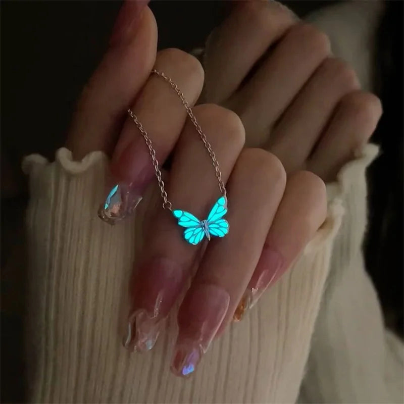 Fashion Blue Luminous Butterfly Necklace Bracelet Set for Glow in the Dark Women Clavicle Chain Choker Party Jewelry Set Gift