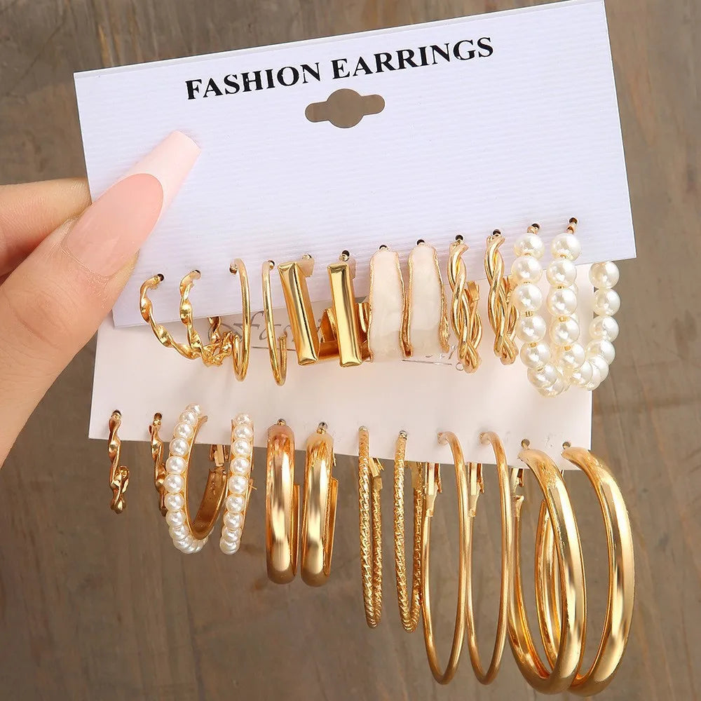 Boho Big Metal Circle Hoop Earring Set for Women Gold Color Bohemia Vintage Pearl Earring Zircon Ear Studs Jewelry Party Gifts