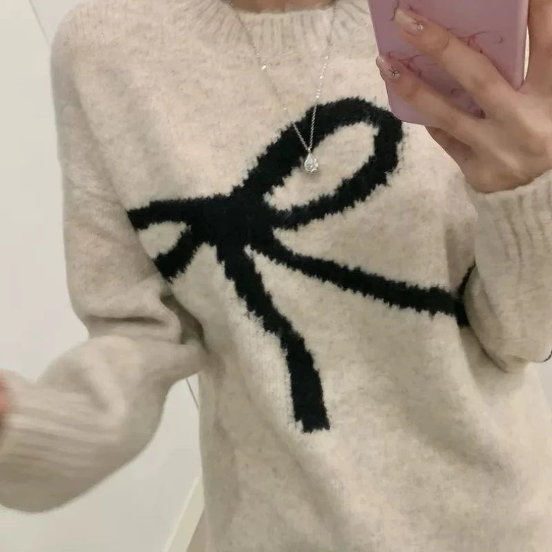 O-neck Long Sleeve Bow Tie Pattern Sweet Pullover Sweater Autumn Women Knitted Top Loose Elegant Fashion Winter Casual Knitwear