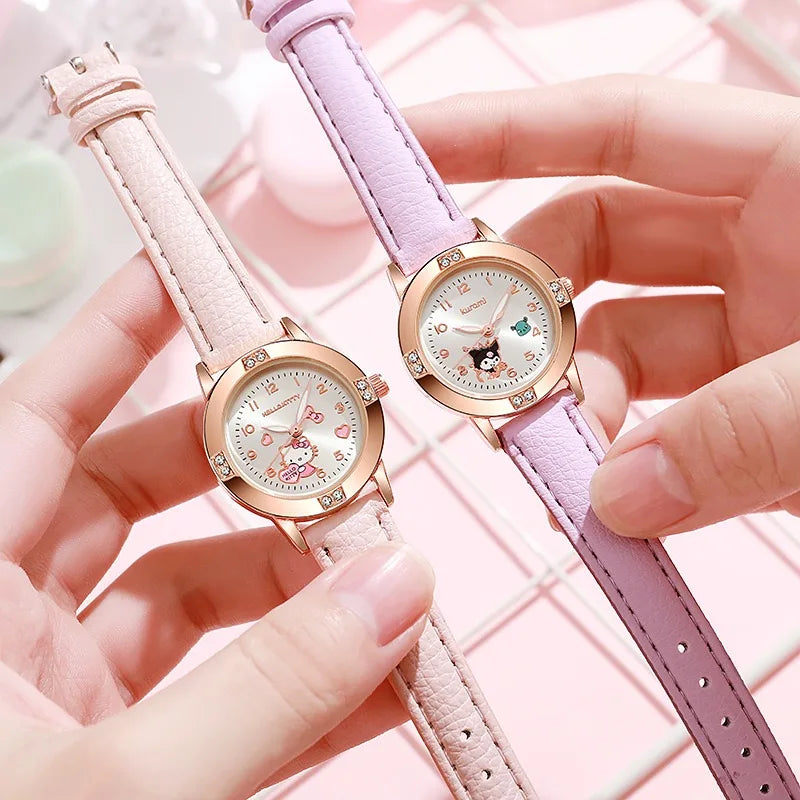 Sanrio Hello Kitty Watches Cinnamoroll Kuromi My Melody Cute Cartoon Rose Gold with Diamond Belt Watch Women's Quartz Watch