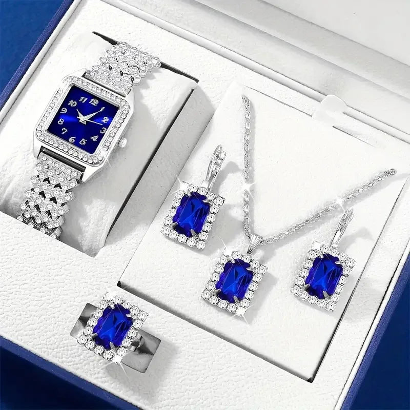 5Pcs/Fashion Roman Full Diamond Square Ladies Watch Women's Quartz Watch + Necklace, Earrings, Rings Jewelry Set