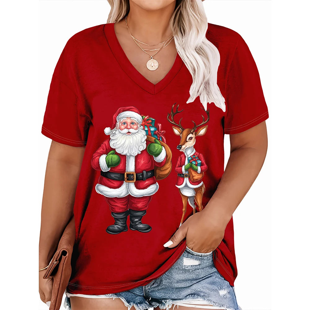Christmas womens cartoon Santa Claus printed tops Christmas T-shirt short sleeved V-neck casual party outfit oversized women top