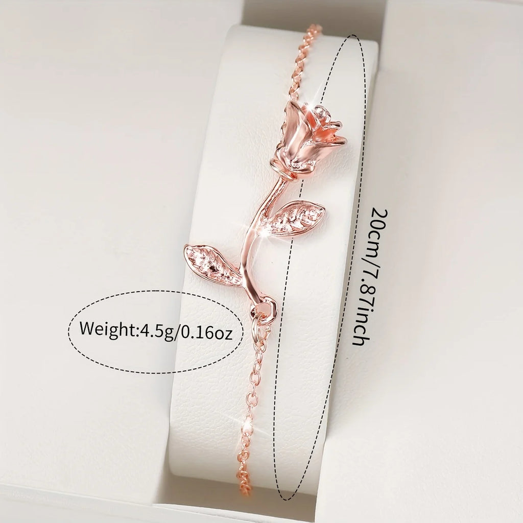 2PCS/Set Women's Watch Shiny Fashion PU Leather Analog Quartz Watches Rose Flower Bracelet