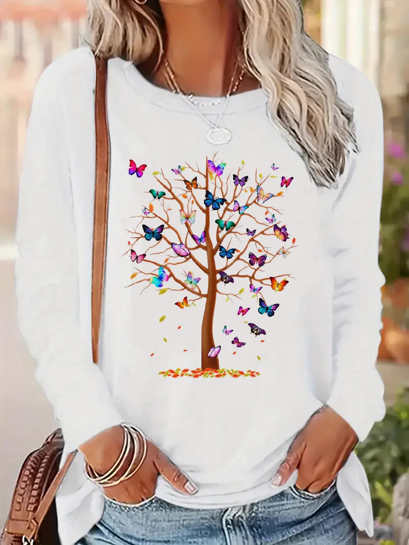 Long Sleeve T-Shirt  Butterfly Tree Print Harajuku Shirt Funny Gothic T Shirt Women's Casual Print Crew Neck Top Tee Tshirt
