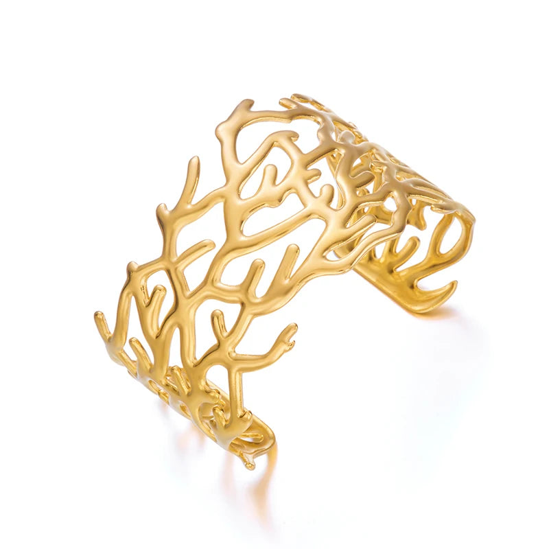 Trendy Stainless Steel Tree Branch Geometric Wide Open Bracelet Bangle Women Gold Silver Color Big Personality Punk Cuff Jewelry