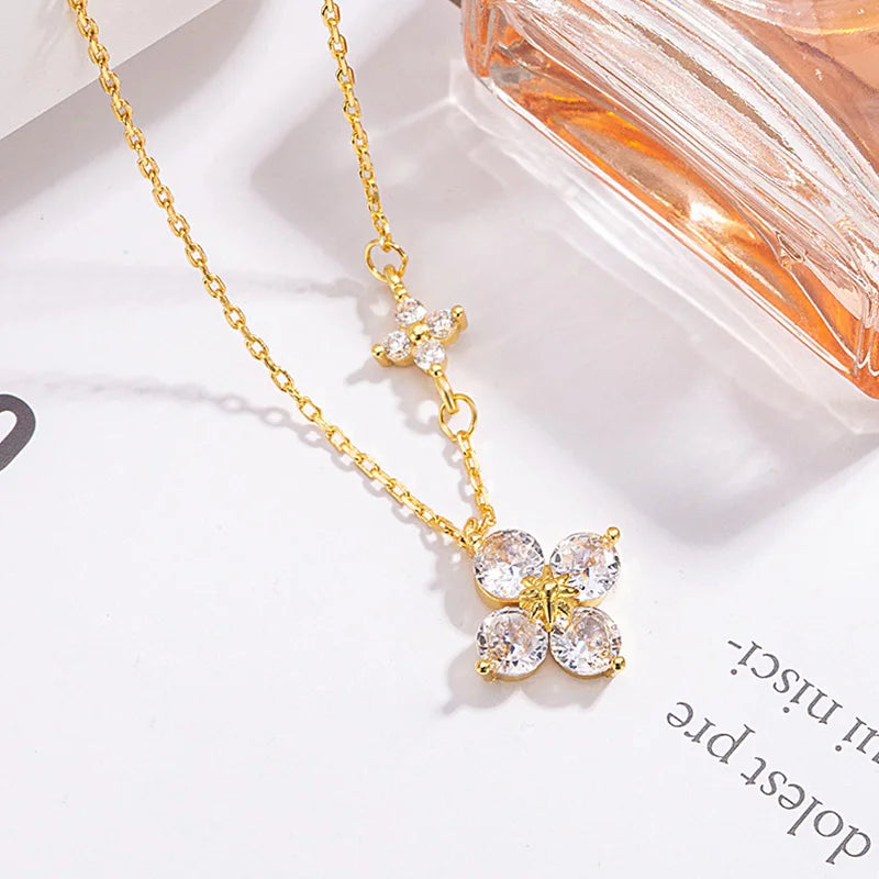 925 Sterling Silver Dainty Lucky CZ Leaf Necklace for Women 14k Gold Plated Flowers Elegant Pendant Necklace Wedding Jewelry
