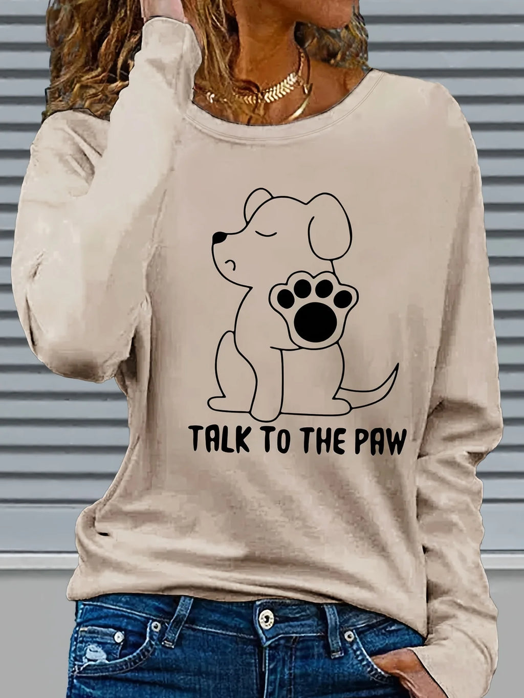 Women's Spring and Autumn 100% Cotton Fashion Casual Loose Fun Dog Pattern Printed Round Neck Long Sleeve T-shirt Top