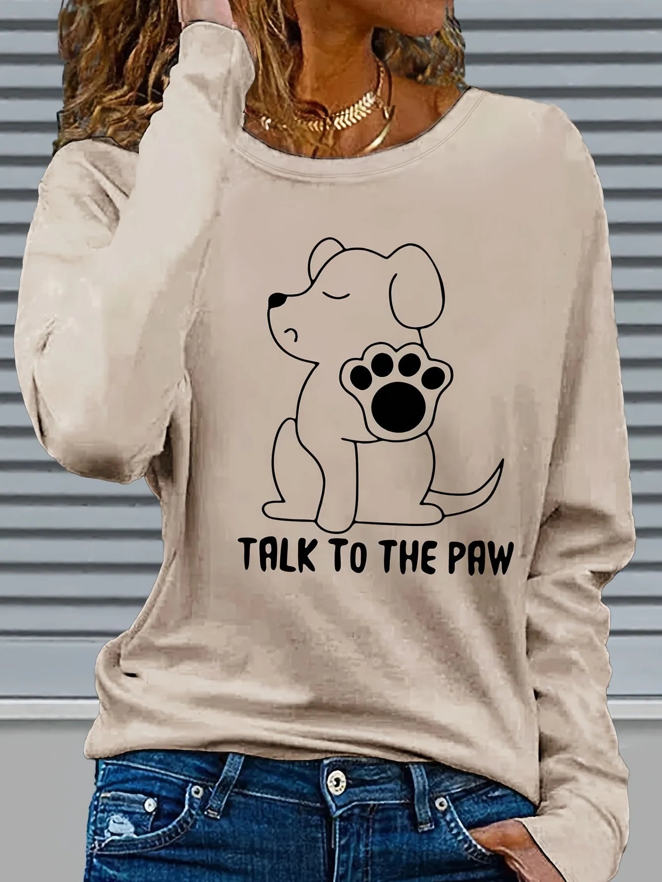Women's Spring and Autumn 100% Cotton Fashion Casual Loose Fun Dog Pattern Printed Round Neck Long Sleeve T-shirt Top