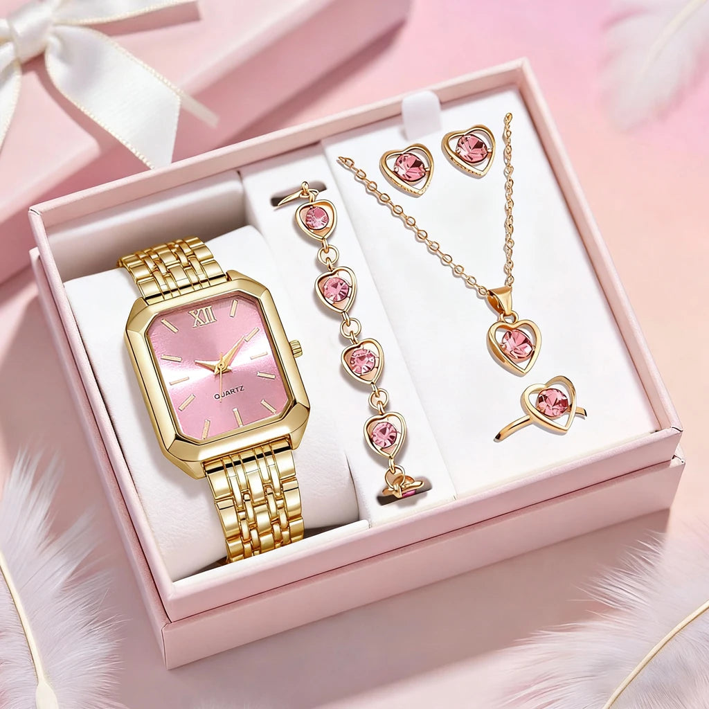 New simple and fashionable women's round dial leather strap quartz watch + exquisite jewelry set Back to school season graduatio