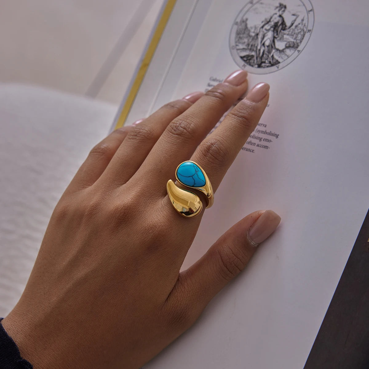 Uworld Vintage Fashion 18K Gold Color Plated Blue Turquoise Asymmetric Open Rings Waterproof Stainless Steel Women Jewelry Party