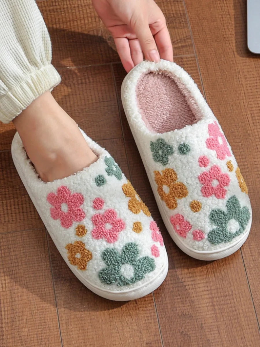 Women's Winter Slippers New Comfortable Home Cute Colorful Flowers Winter Couple's Warm Indoor