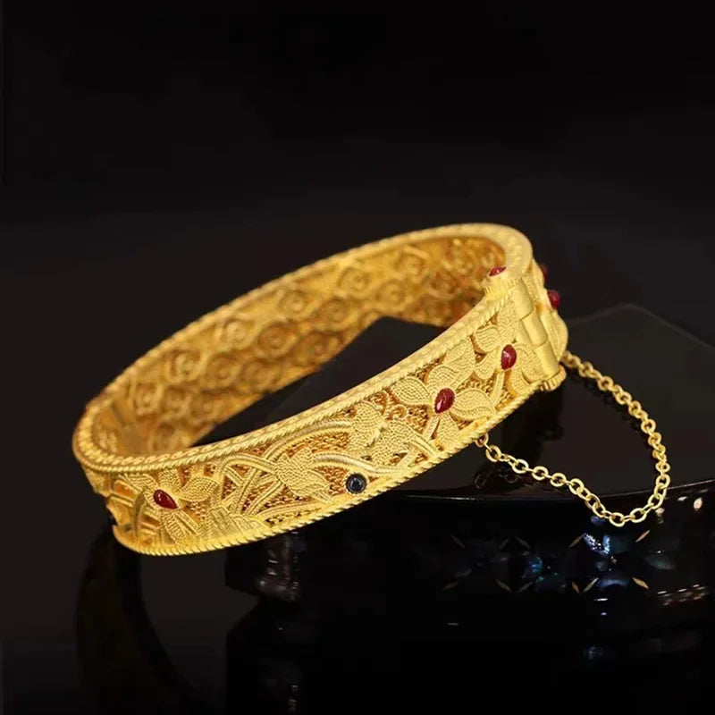 Pure gold 24K gold bracelet AU999 national trend enamel orchid heart retro palace style  hollow filigree female jewelry