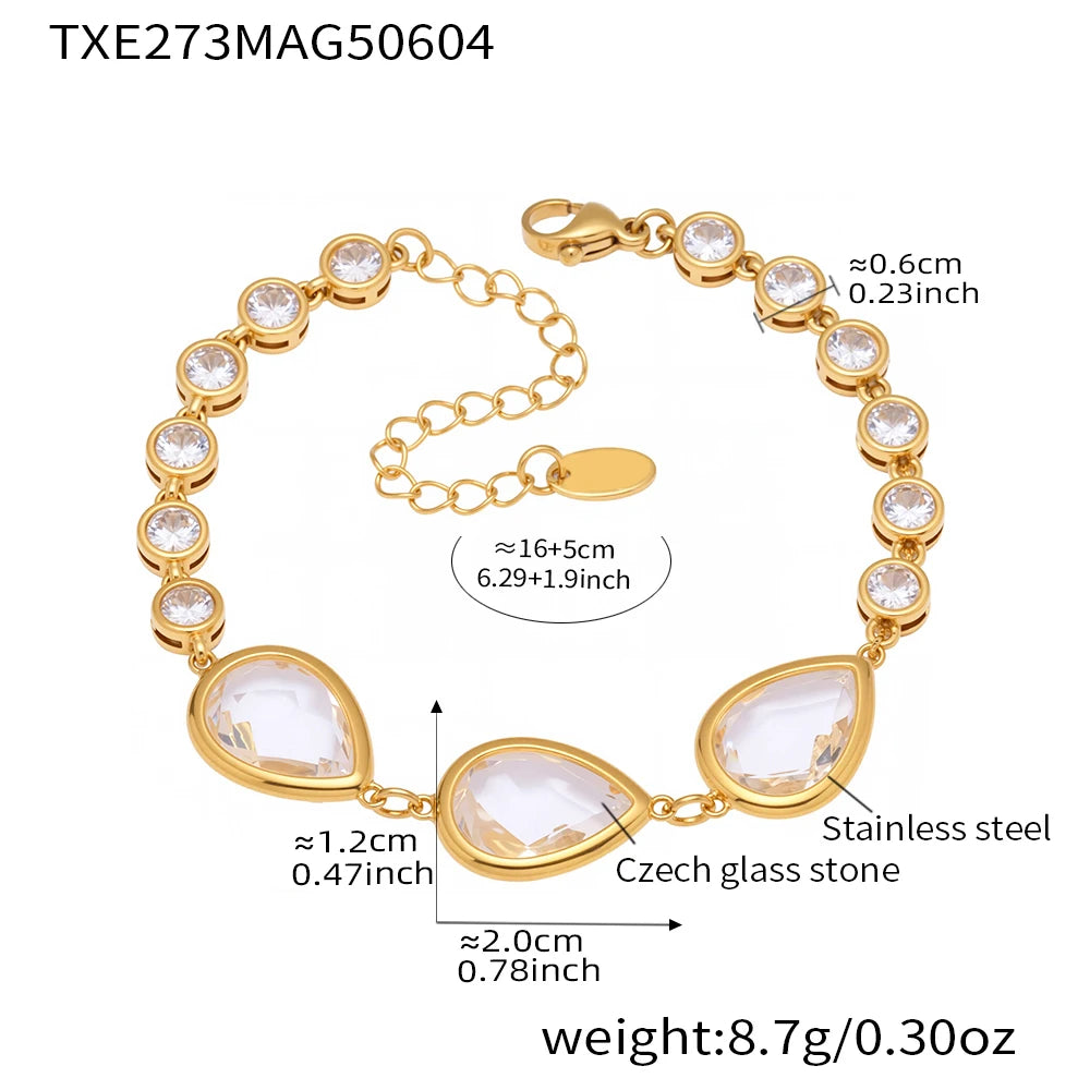 Colorful Waterdrop Stainless Steel Necklace for Women Luxury Czech Glass Gold Plated Cuff Open Bangle Charm Jewelry